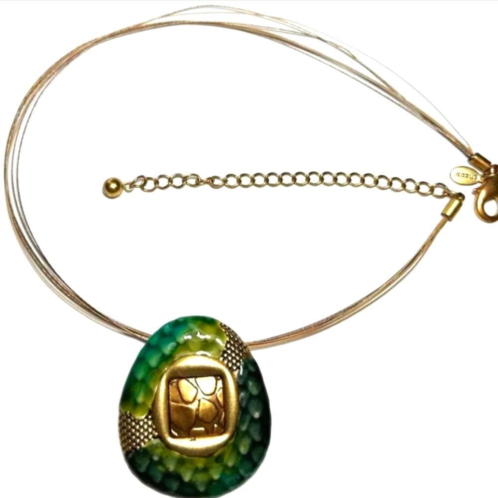 Vintage signed CHICO'S Gold Tone Large Multi Green Enamel Necklace 16-20"